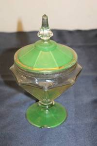 lot 35 image: Vintage Green Glass Candy Dish with Lid and Decorative Pattern