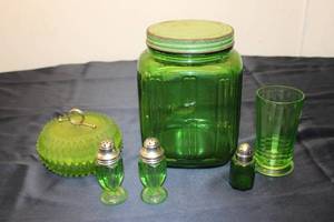 lot 36 image: Vintage Green Uranium Glass Kitchen Set including Canister, Salt & Pepper Shakers, and Glasses