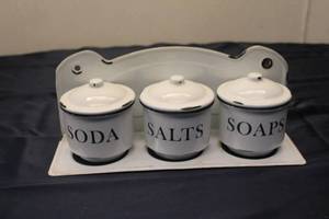 lot 37 image: Vintage 3-Piece Kitchen Canister Set - Soda, Salts, Soaps