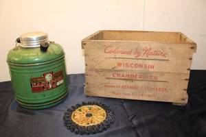 lot 54 image: Vintage Easy Pour Jug with Wooden Cranberry Crate and Decorative Mat