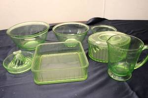 lot 56 image: Vintage Green Uranium Glass Kitchenware Set - 7 Pieces