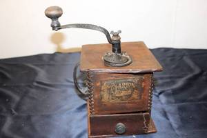 lot A-65 image: Antique Clarion Coffee Grinder with Wood and Metallic Components