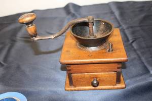 lot 66 image: Antique Wooden Coffee Grinder with Metal Hopper