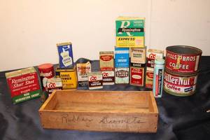 lot 68 image: Vintage Wooden Box with Assorted Spice and Coffee Tins Collection