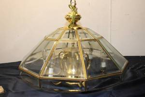 lot 87 image: Vintage Brass and Glass 6-Light Hanging Ceiling Fixture