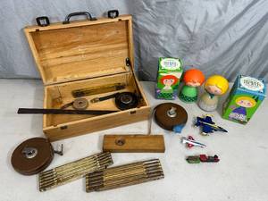 lot 50 image: Antique Tools in Wood Wine Box, Vintage Avon Small World