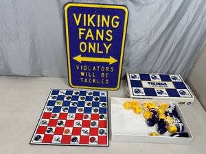 lot 86 image: Heavy Vikings Parking Metal Sign & Vintage Vikings  Packers Checkers Set