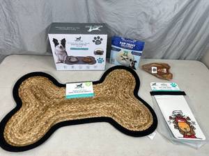 lot 97 image: New Pet Bowls, Bowl Mat, Treat Bag, Etc