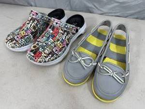 lot 100 image: Skechers Dog Print Foamies & Crocs