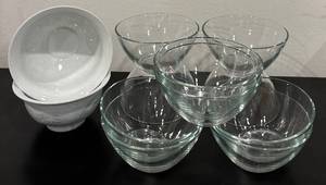 lot 18G image: Lovely Clear Glass Bowls and Vintage Two Porcelain Chinese White Bowls