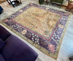 lot 19G image: Large Beautiful Area Rug from Nepal in Hues of Purple, Cream, Red, Dusty Rose