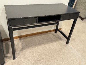 lot 9G image: Classic Black Wooden Desk with Two Drawers and Middle Cubby