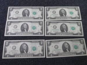 6 Sequential, Uncirculated $2 Bills...