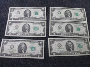 6 Sequential, Uncirculated $2 Bills...