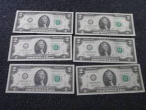 6 Sequential, Uncirculated $2 Bills...