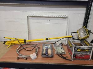 lot 43 image: 2 Garage Ceiling storage brackets (adjustable dimensions), 4 tall work lamp, 2 natural gas supply lines, 4 paint kit, 3 grill hose and regulator kits and a box of misc pipe fittings