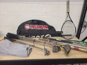 1 Bat bag 5 bats 1 xlarge boys baseball pants 1 Head tennis racket set of golf clubs 1 putter 1 basket ball backboard and hoop