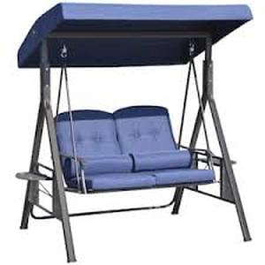 Outsunny 2-Person Metal Patio Swing with Canopy, Table, 2 Cup Holders Navy Blue Cushions   Customer Returns See Pictures