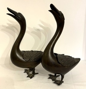 lot 60 image: Pair of Antique Duck Figurine Incense Burners