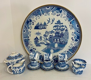 lot 18 image: Vintage Blue and White Copeland Platter, Cups, Saucers, Creamer Pitchers and Sugar Dishes