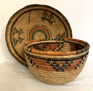 lot 75 image: Two Vintage Handwoven Woven Baskets including a Vintage African Hausa Nigerian Shallow Hand Woven Tribal Basket