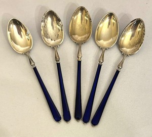 lot 79 image: Sterling Silver Demitasse Cobalt Blue Enameled Spoons