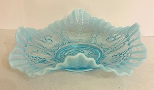 lot 83 image: Vintage Jefferson Glass Blue Aqua Opalescent Flat Bowl Grape and Cherry Leaves