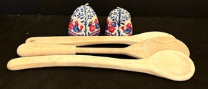 lot 148 image: Vintage Chefmate Wooden Spoons and Two Hand Made Egg Topps