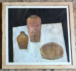 lot 189 image: Vintage Large Wall Framed with Life Oil Painting of Pottery and Linen