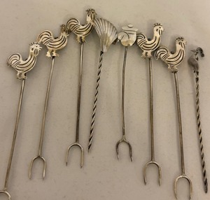 lot 195 image: (8) Vintage Sterling Silver Figurine Appetizer Picks  Forks