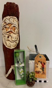 lot 223 image: Fun Decorative Wooden Carved Santa, Bubble Pen, and More