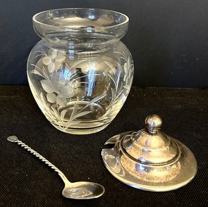 lot 207 image: Vintage Crystal and Sterling Jam Jar with Sterling Spoon