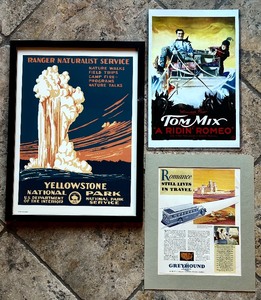 lot 213 image: 1938 Yellowstone National Park Poster Art Print, The Public Enemy Acrylic Print and 1931 Greyhound Coach Bus Lines San Xavier Mission Tucson Arizona Vintage Ad