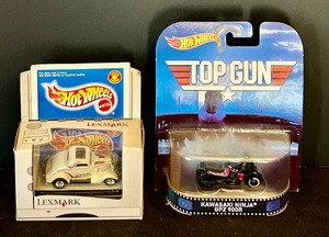 lot 205 image: Hot Wheels Lexmark 34 White Ford & Hot Wheels Top Gun Kawasaki Ninja GPZ 900R, New in Package