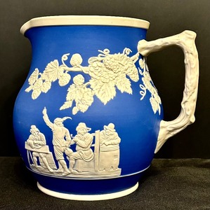 lot 21 image: Antique Copeland Spode England Jasperware Blue Pitcher Tavern Scenes