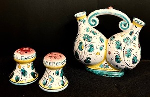 lot 30 image: Vintage Handmade Italian Ceramic OilVinegar Cruet Bottle, Salt and Pepper Shakers