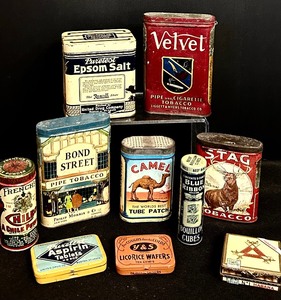 lot 34 image: Variety Vintage Tins including Vintage Tobacco Tins and Lemouge Cigar Box