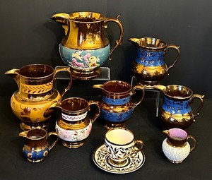 lot 99 image: Gorgeous Vintage Copper Pitchers Including Copper Luster Ware Pitcher Italian Capodimonte Cherubs Lion