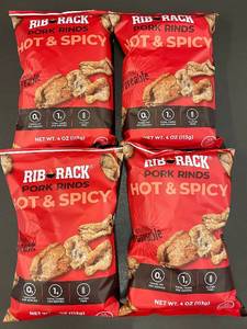 lot 6 image: Pack of 4 Rib Rack Hot & Spicy Pork Rinds - 4oz Each