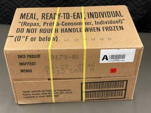 lot 10 image: Box A of Meal Ready-to-Eat (MRE) Individual Ration Packs