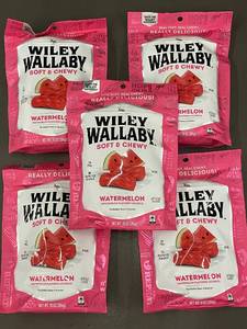 lot 27 image: 2 back 1.3 - Group of 5 Packaged Wiley Wallaby Watermelon Licorice - Soft & Chewy