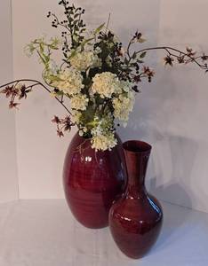 lot 49 image: Pair of Burgundy Bamboo Vases with Faux Floral Display