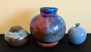 lot 81 image: Three Pieces of Glazed Pottery in Hues of Blue