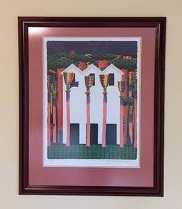 lot 82 image: Framed White Barn with Pink Palm Trees Print by Ian Tremewen
