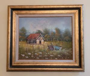 lot 20 image: Framed Farmhouse Oil on Canvas Painting by Cayton