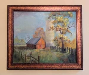 lot 5 image: Rustic Barn Landscape Oil on Canvas Painting