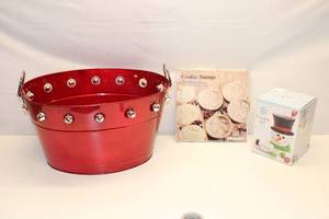 lot 3 image: Holiday Kitchen Bundle Cookie Stamps, Fondue Set & Red Party Bucket