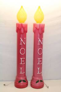 lot A-10 image: Set of 2 Vintage Pink Noel Christmas Candles with Yellow Flame Blow Mold