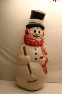 lot A-14 image: Vintage Light-Up Snowman Decoration with Broom Blow Mold