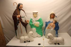 lot A-15 image: Vintage Christmas Nativity Scene Plastic Figurines Set with Shepherd, Mary, Baby Jesus, and Sheep Blow Mold